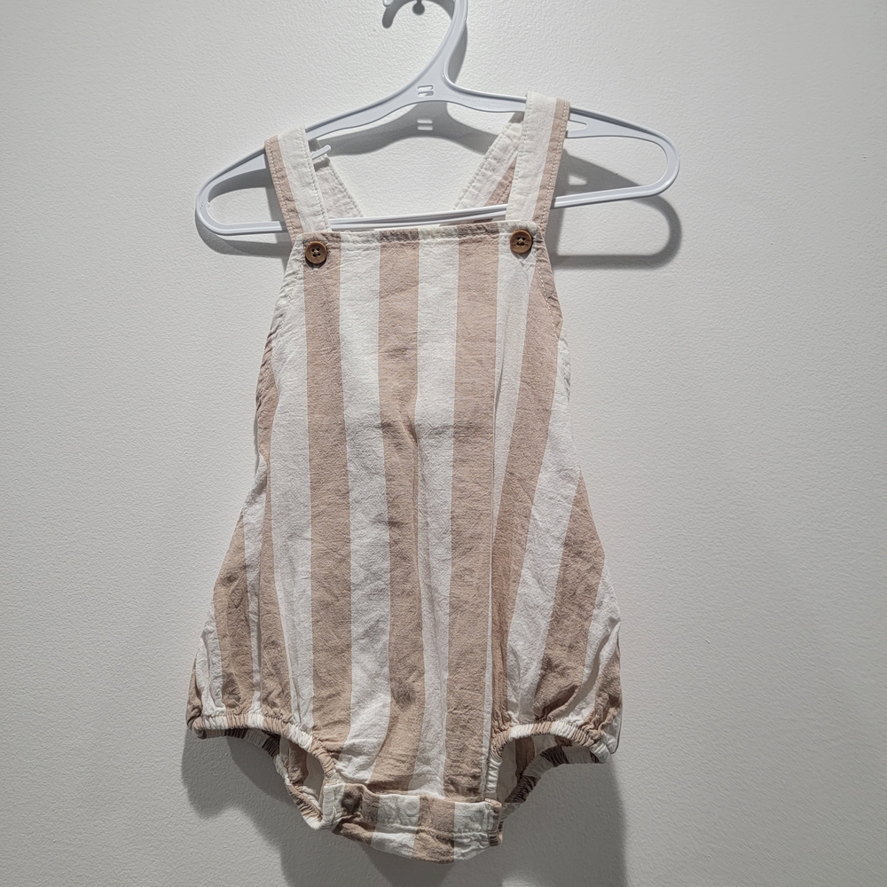 Little Co. Striped Tan and White Linen Overalls Sz 18 Months
